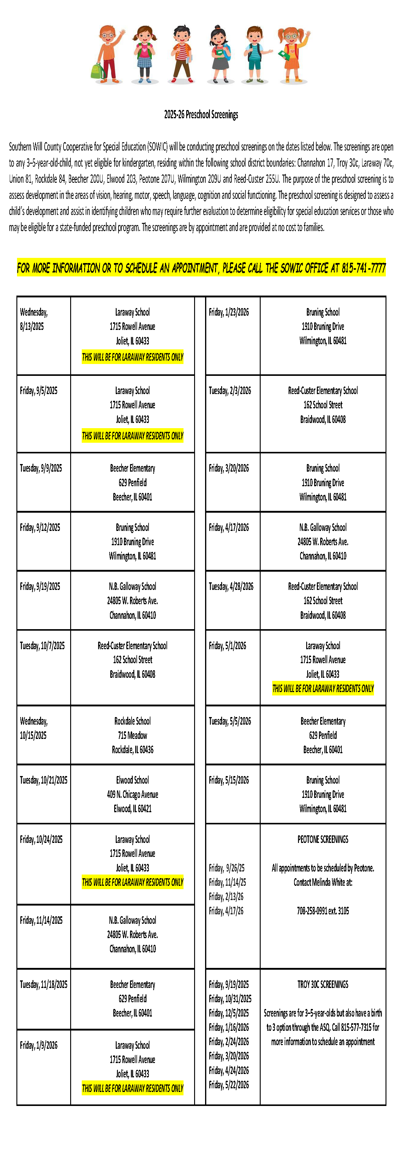 preschool screening schedule